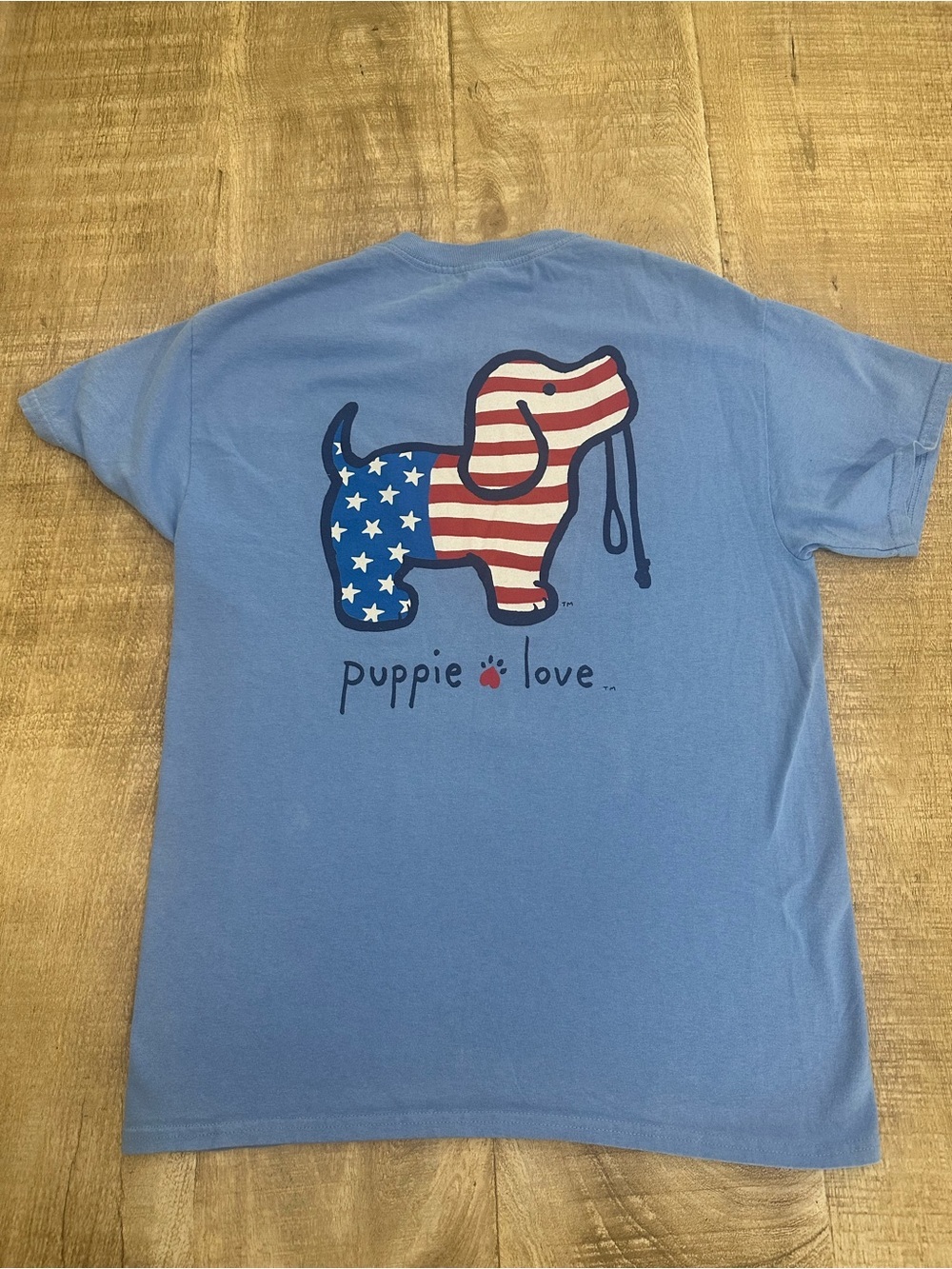Puppie Love Patriotic Dog Graphic Tee | Washed Blue | Stars & Stripes | Size M